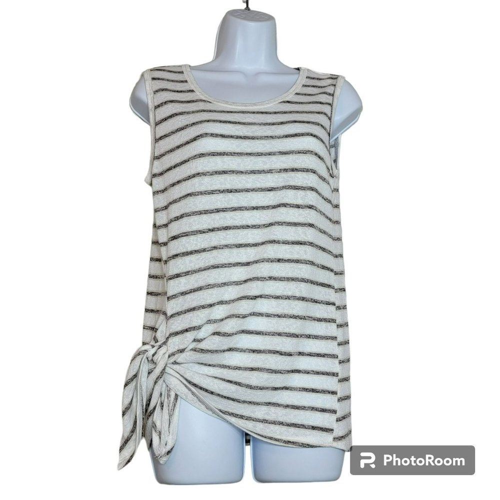Bobeau Knit Top,, Women S, Beige w/Gray Stripes, Side Tie, Tank Straps,  EUC